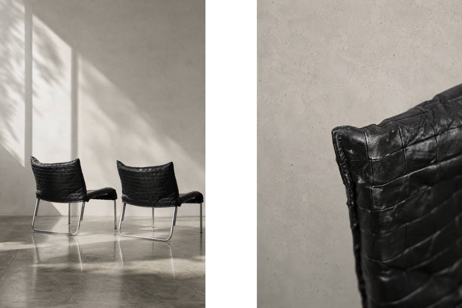 Chaises longues en cuir noir patchwork suédoises modernes du milieu du siècle d'IKEA