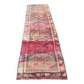 Tapis de couloir tribal vintage rouge, tapis turc géométrique, 75x313 cm