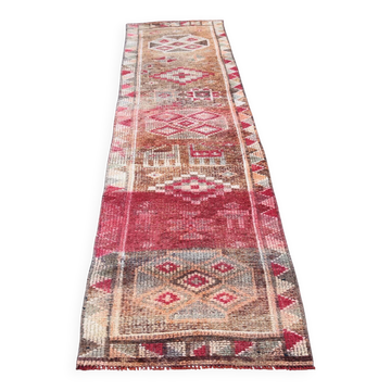 Tapis de couloir tribal vintage rouge, tapis turc géométrique, 75x313 cm