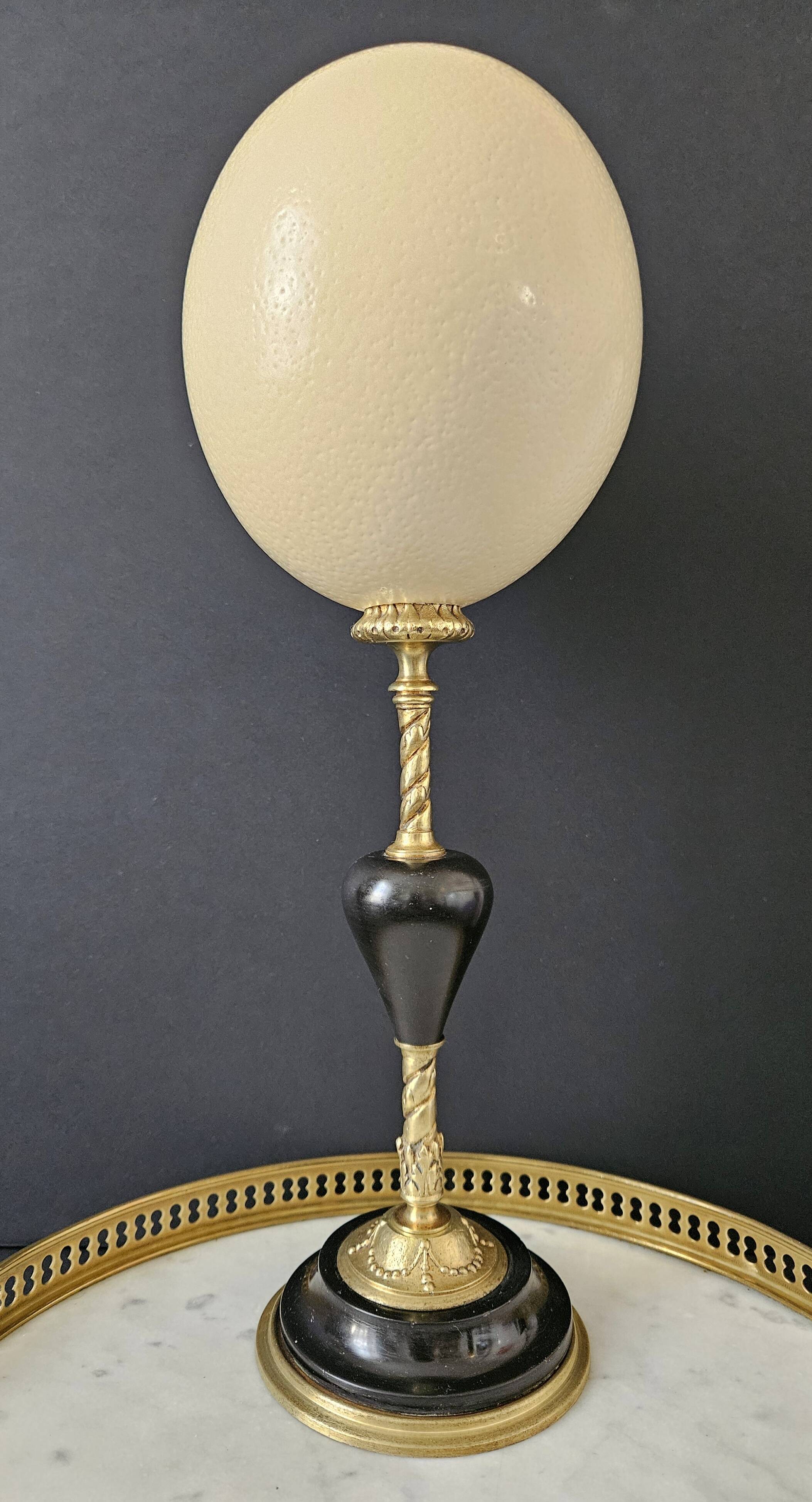 Oeuf d'Autruche, Socle en Laiton/Bronze et Marbre Noir (XIXe - Napoléon III) H: 37 cm | PlaceOddity