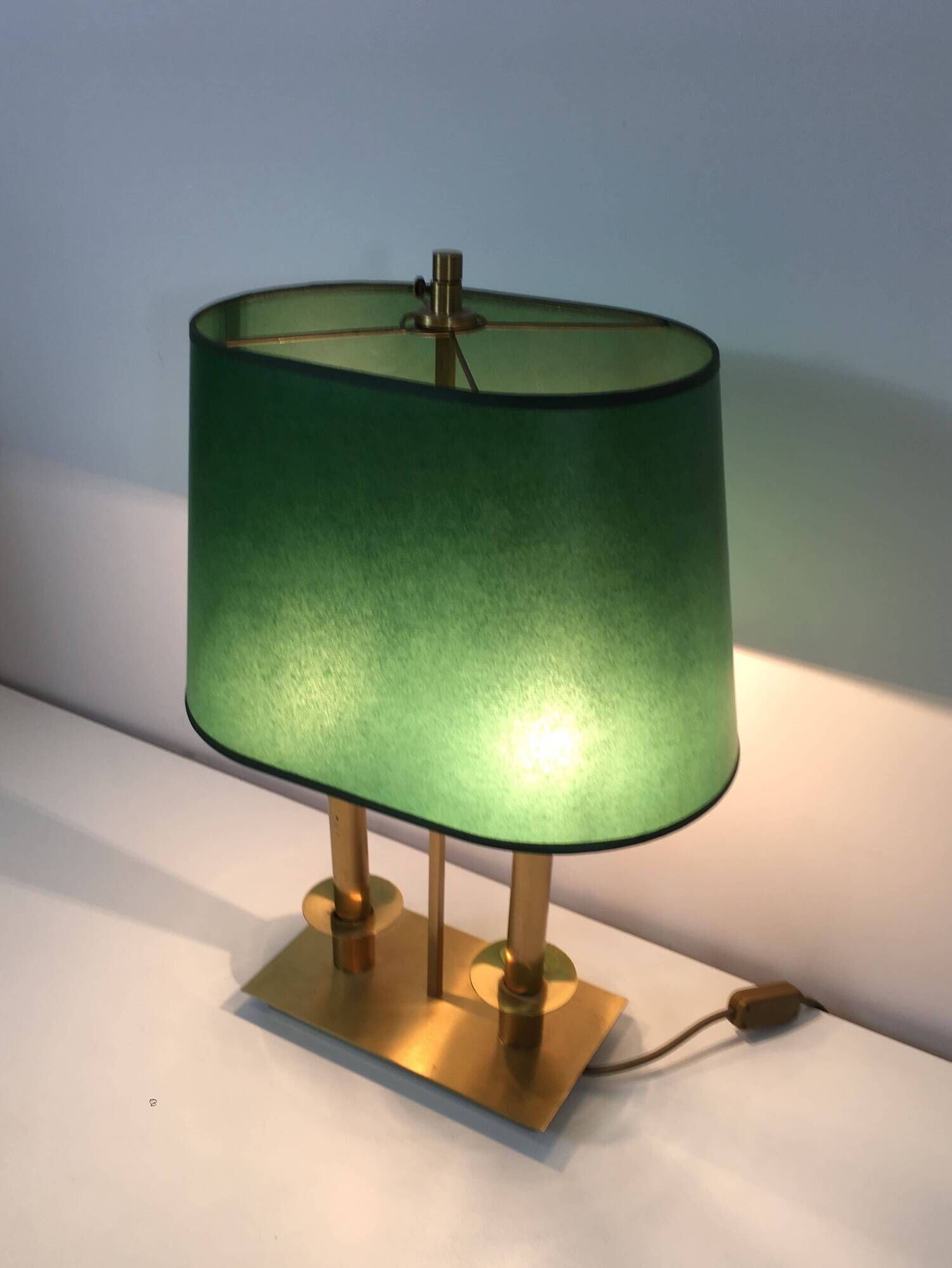 Pair of Two-Light Table Lamps in Brass with Green Shades. Work F