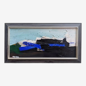 Mid-century modern "blue stream" vintage swedish abstract oil painting, framed, hans osswald