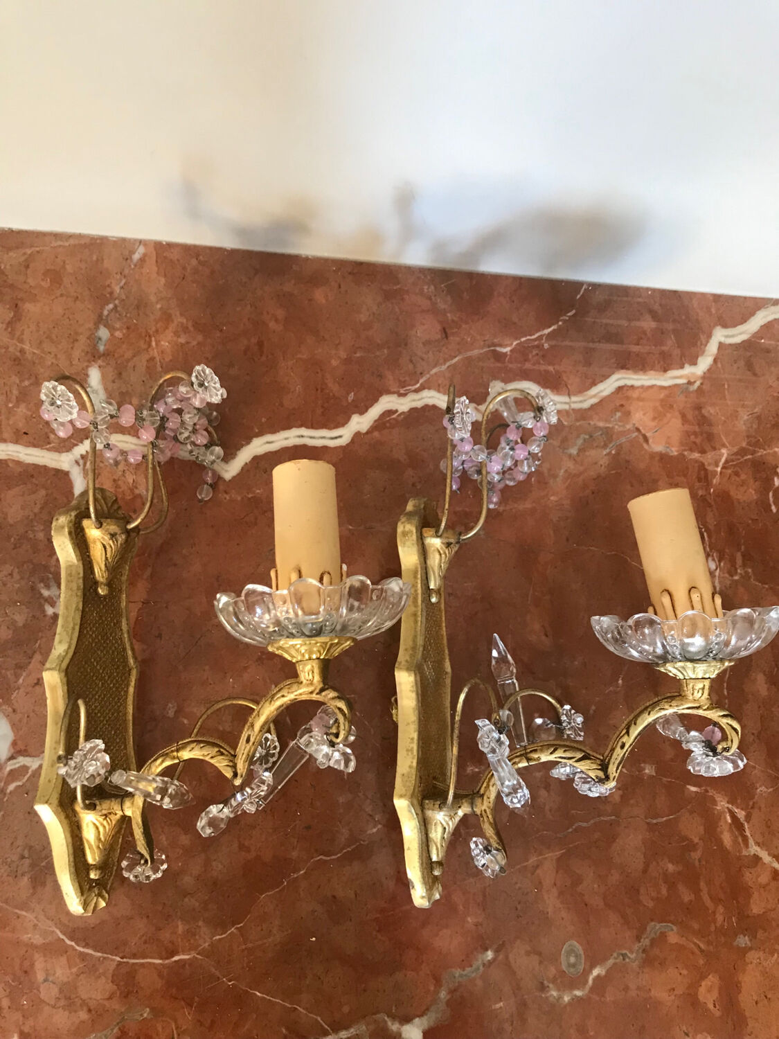 Pair of glass wall sconces with crystal drops