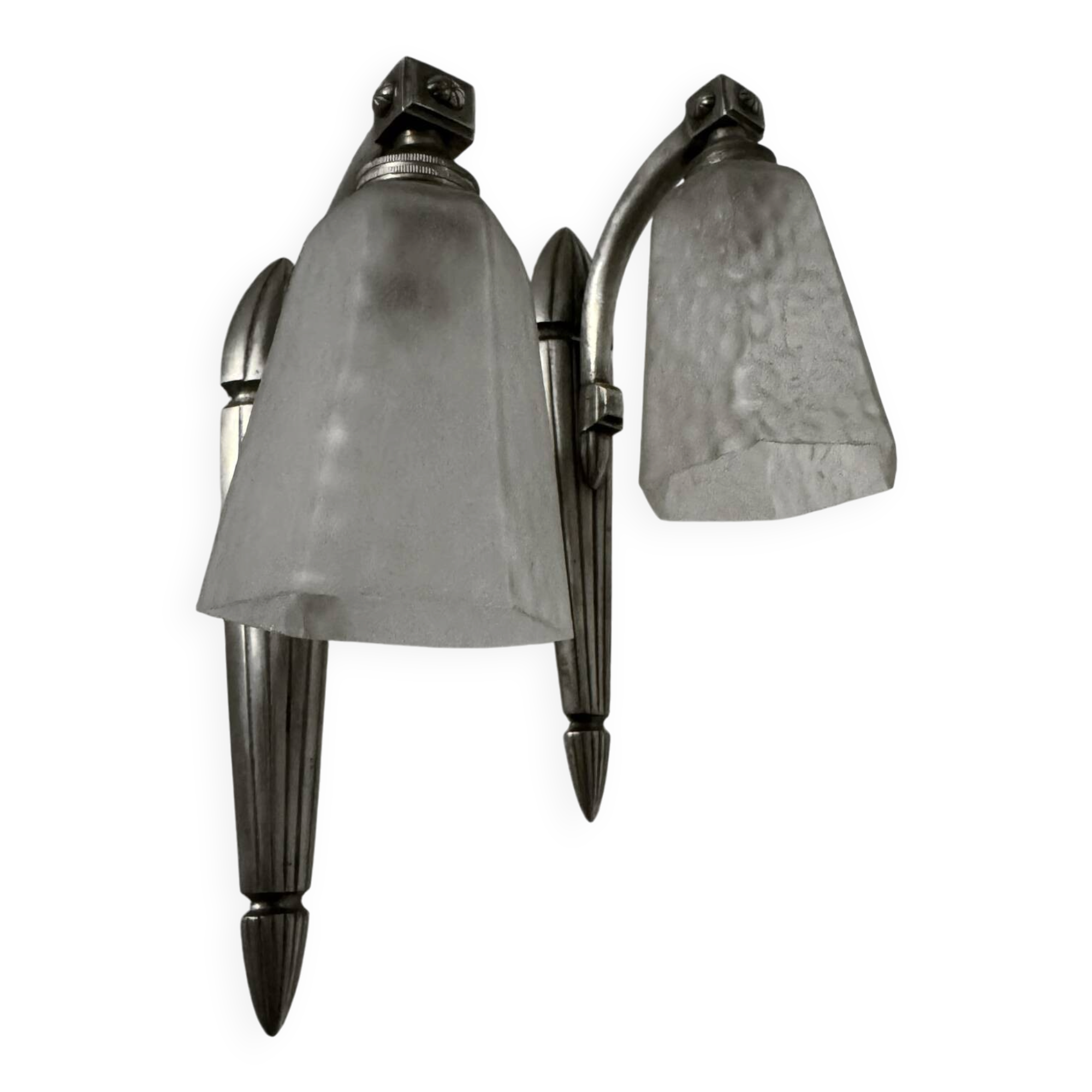 Silver Art Deco wall lights with frosted glass.