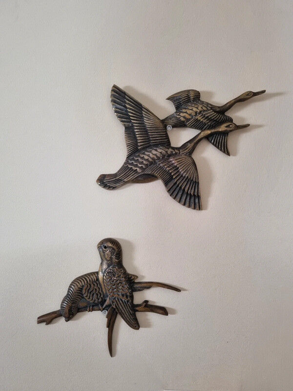 Set of two wall decorations exotic birds vintage brass