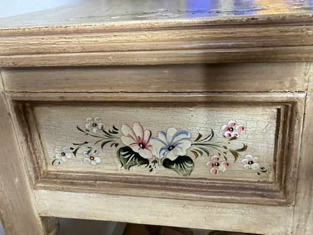 exotic wood console with a drawer