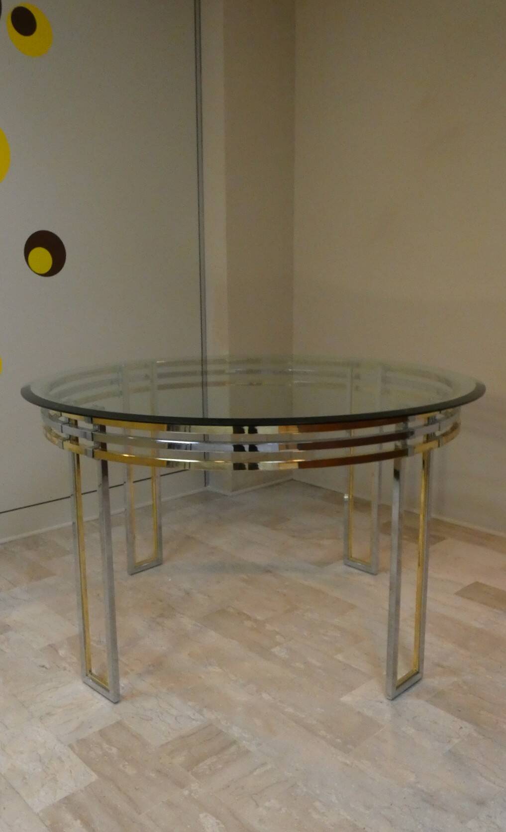 Dining table in chrome and gold steel, Romeo Rega style, Italy, 1970s.