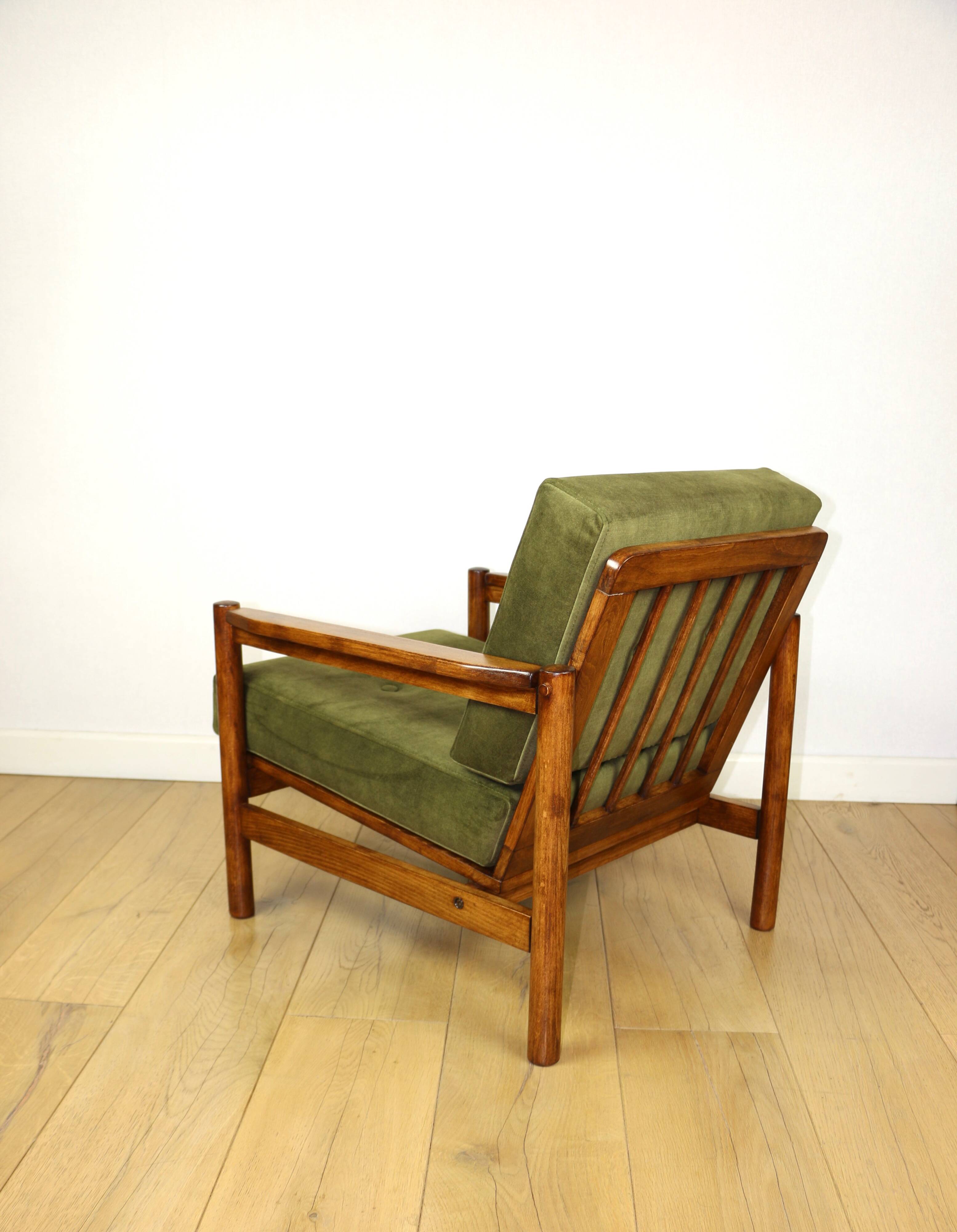 Wooden armchair designed by Z. Baczyk, vintage, olive green velvet