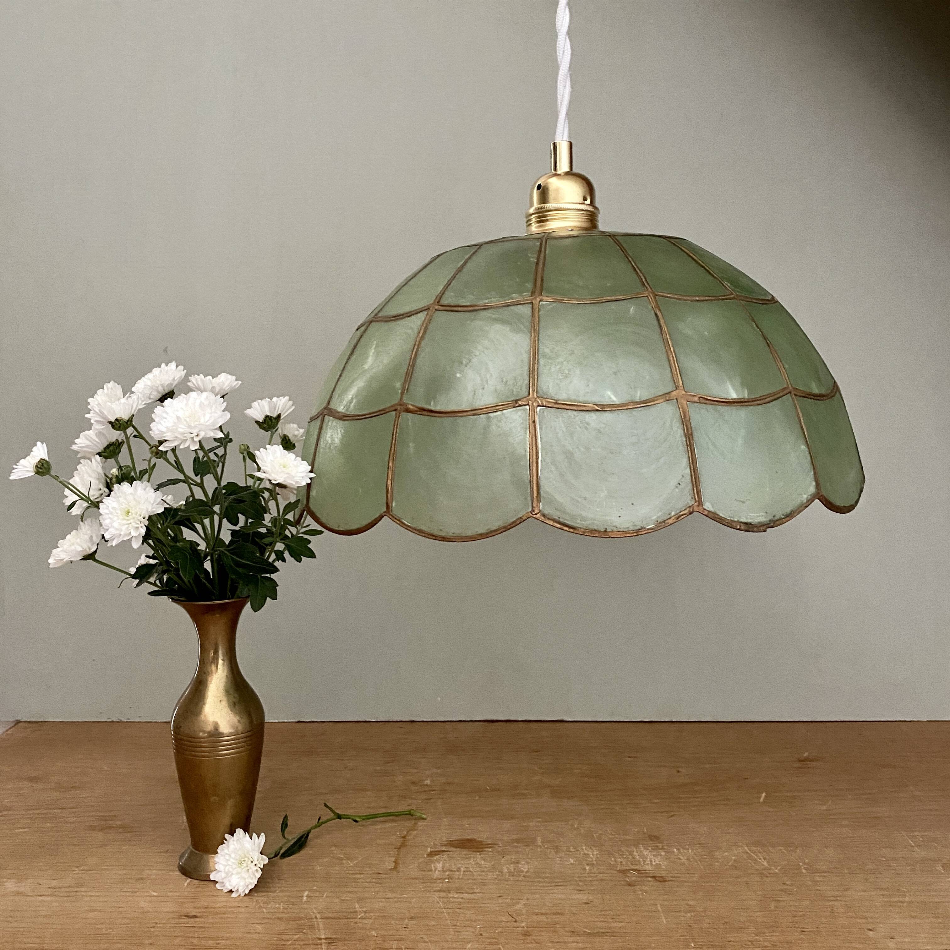 Suspension abat-jour vintage en nacre verte