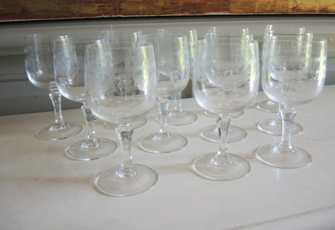 Set of 24 old engraved crystal foot glasses