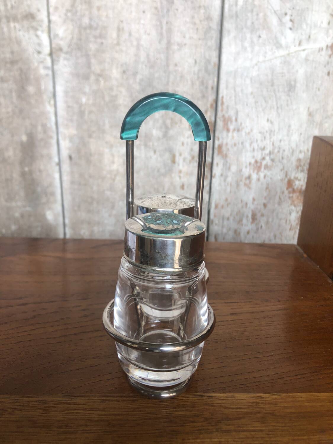 Old Service Salt Pepper Shaker Molded Glass + Vintage Silver Metal