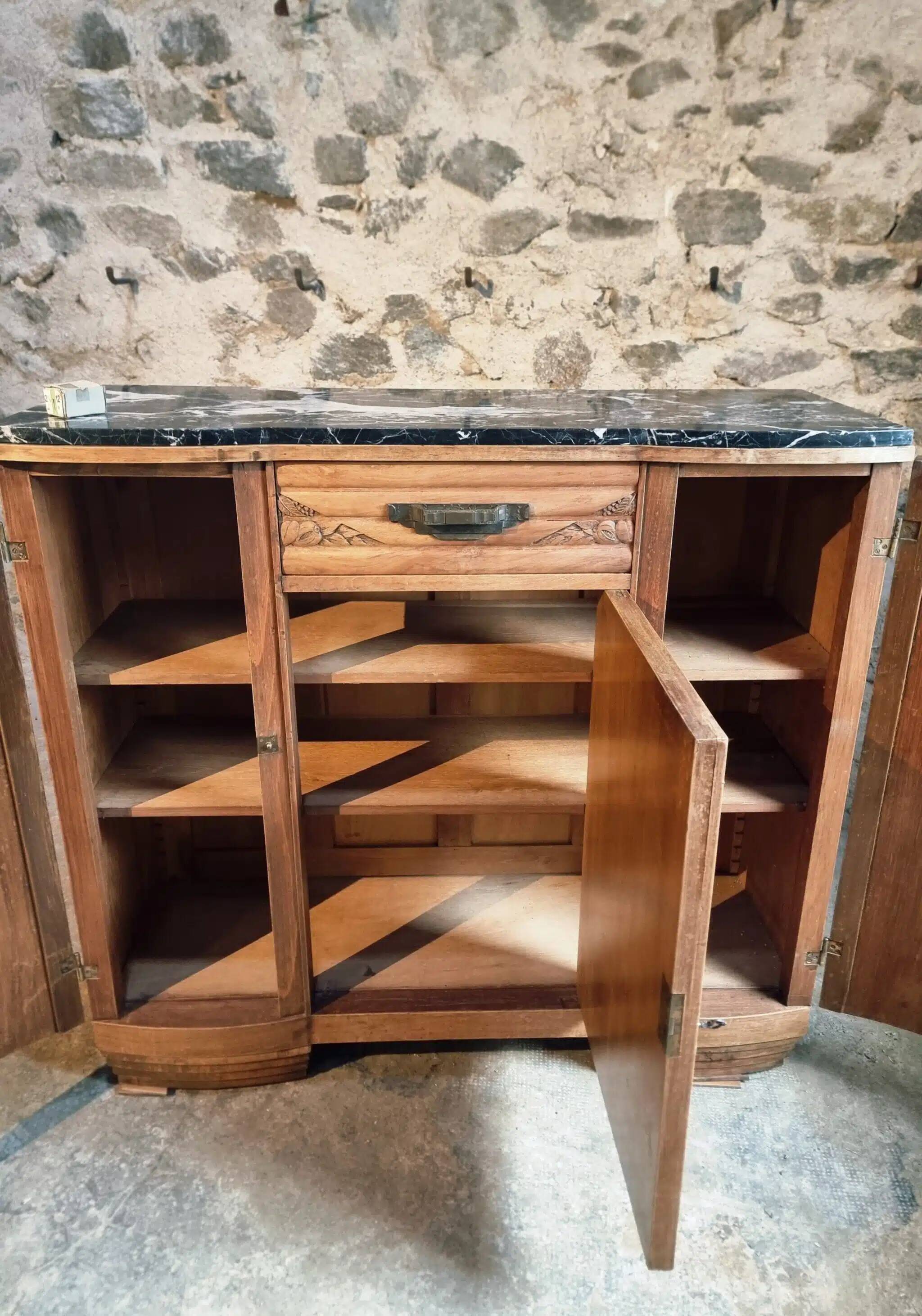 French Art Deco walnut sideboard with marble top, 1920s