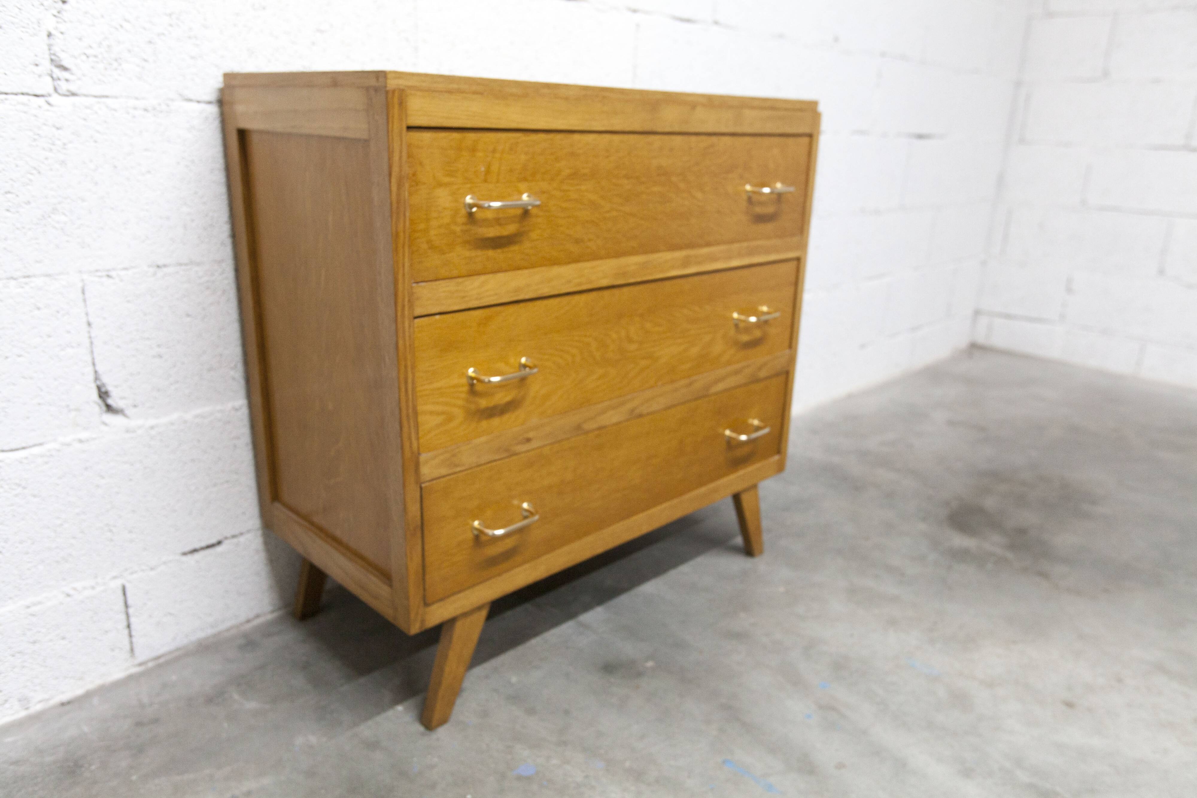 3-drawer chest with splayed legs, 1960s, honey color