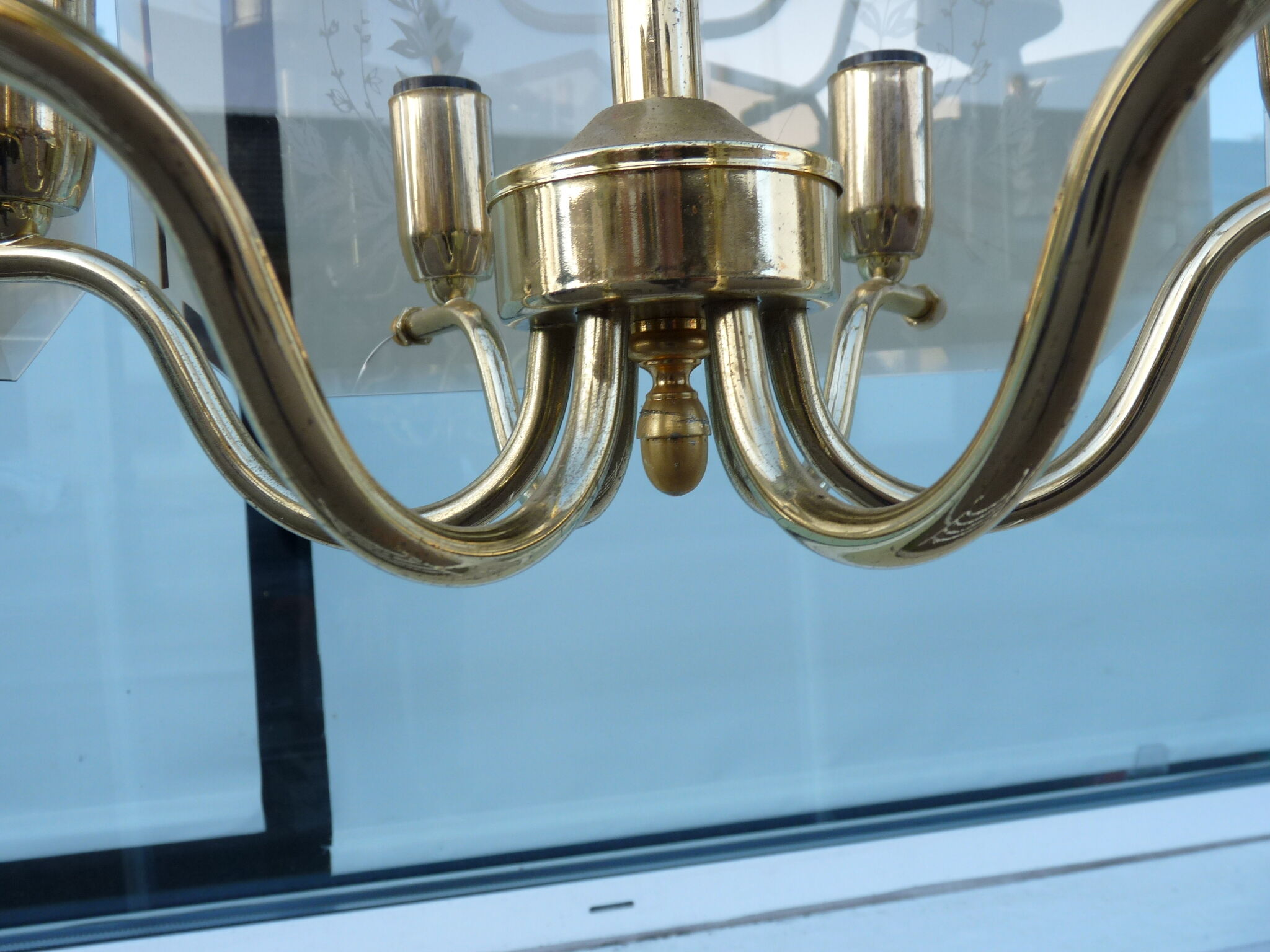 Golden chandelier 6 bevelled smoky glass lights