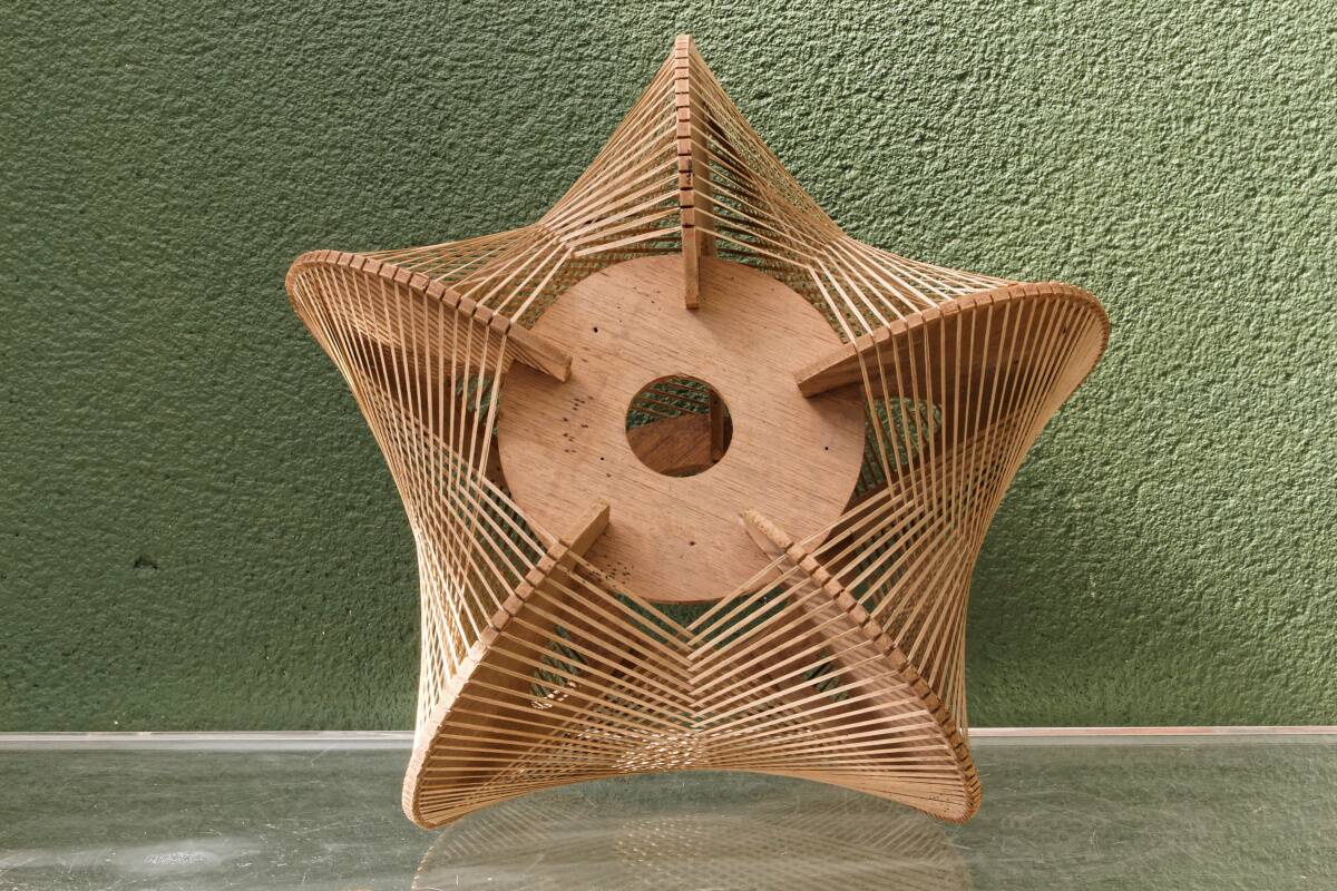 Scandinavian modernist wooden suspension with taut wires, 1960s.