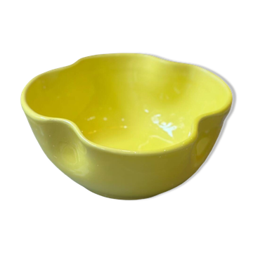 Handmade enameled ceramic bowl, lemon yellow pop clover flower