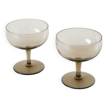 Duo de coupes à champagne, verre fumé, design, 1970