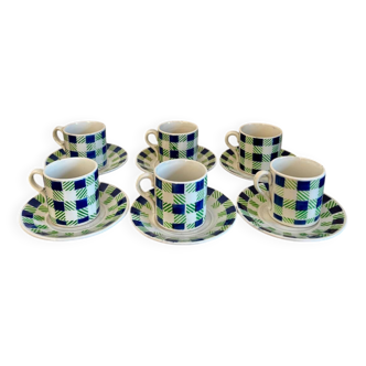 Set of 6 Digoin Sarreguemines Plaid cups and saucers