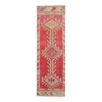 1970s Vintage Turkish Hand-Knotted Wool Cotton Pink Runner Rug 86x293