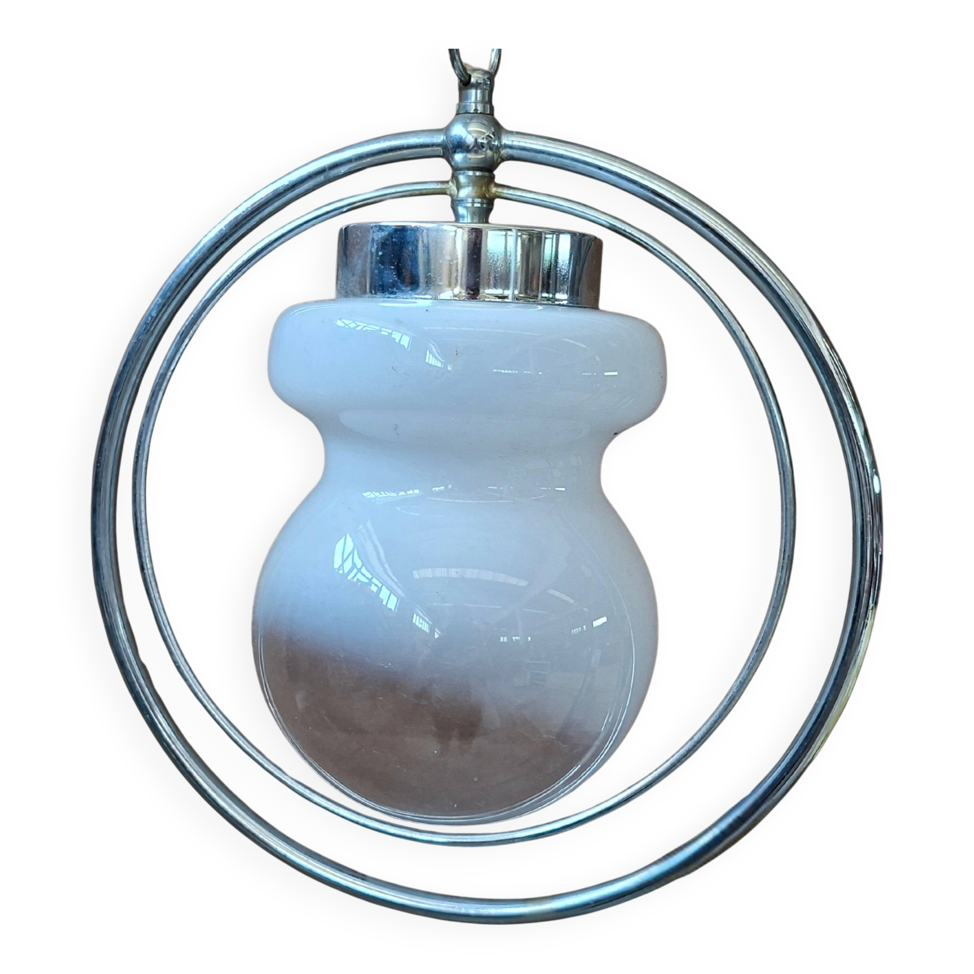 Suspension Vintage Space Age – Design des années 70 – Verre opalin et chrome
