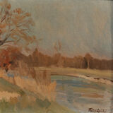 Oil on panel by Félix Labbé XXth riverside ceruse frame