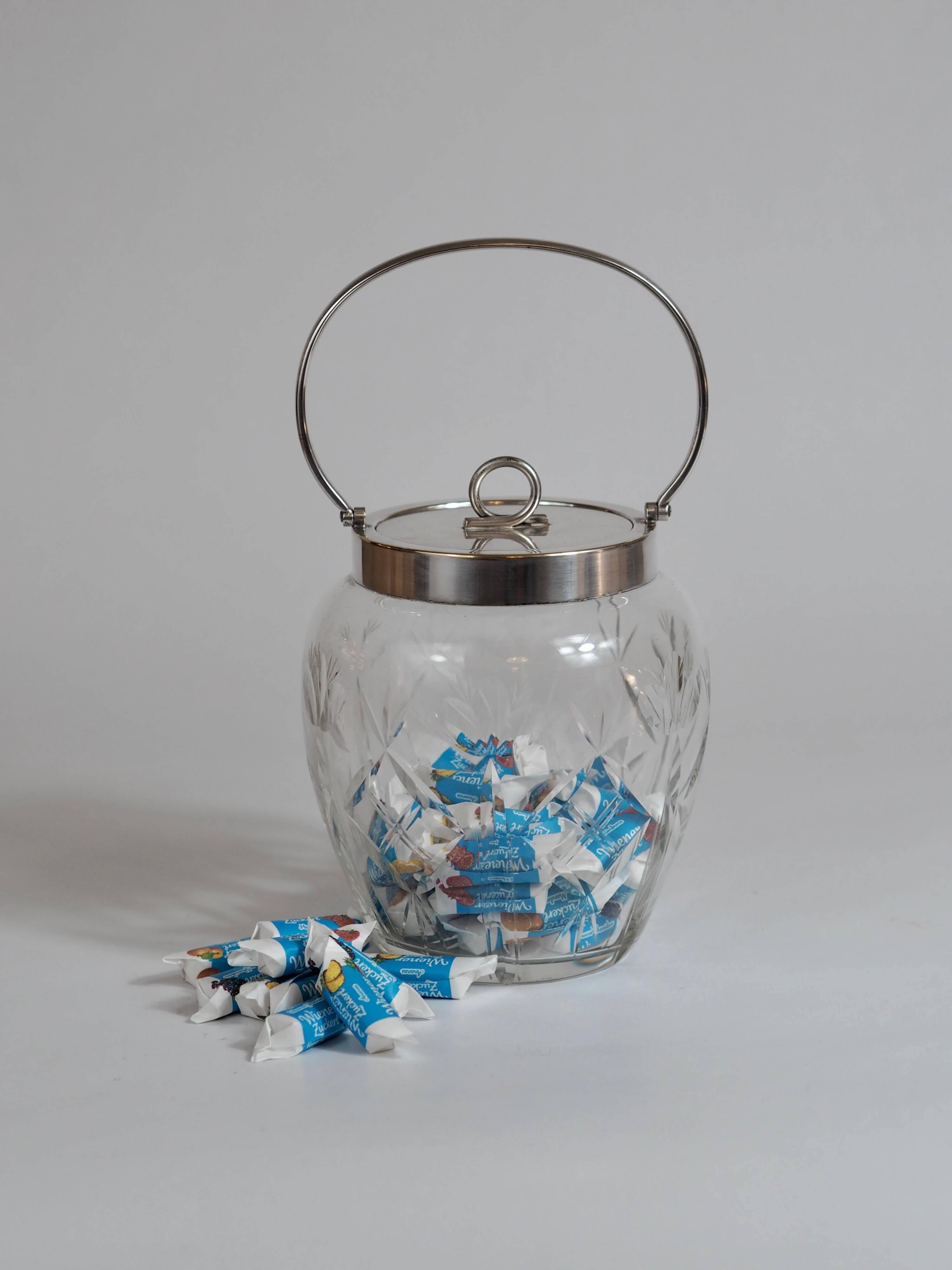 Crystal biscuit barrel with silver-plated mounts and handle, Austrian cut, 1920s.