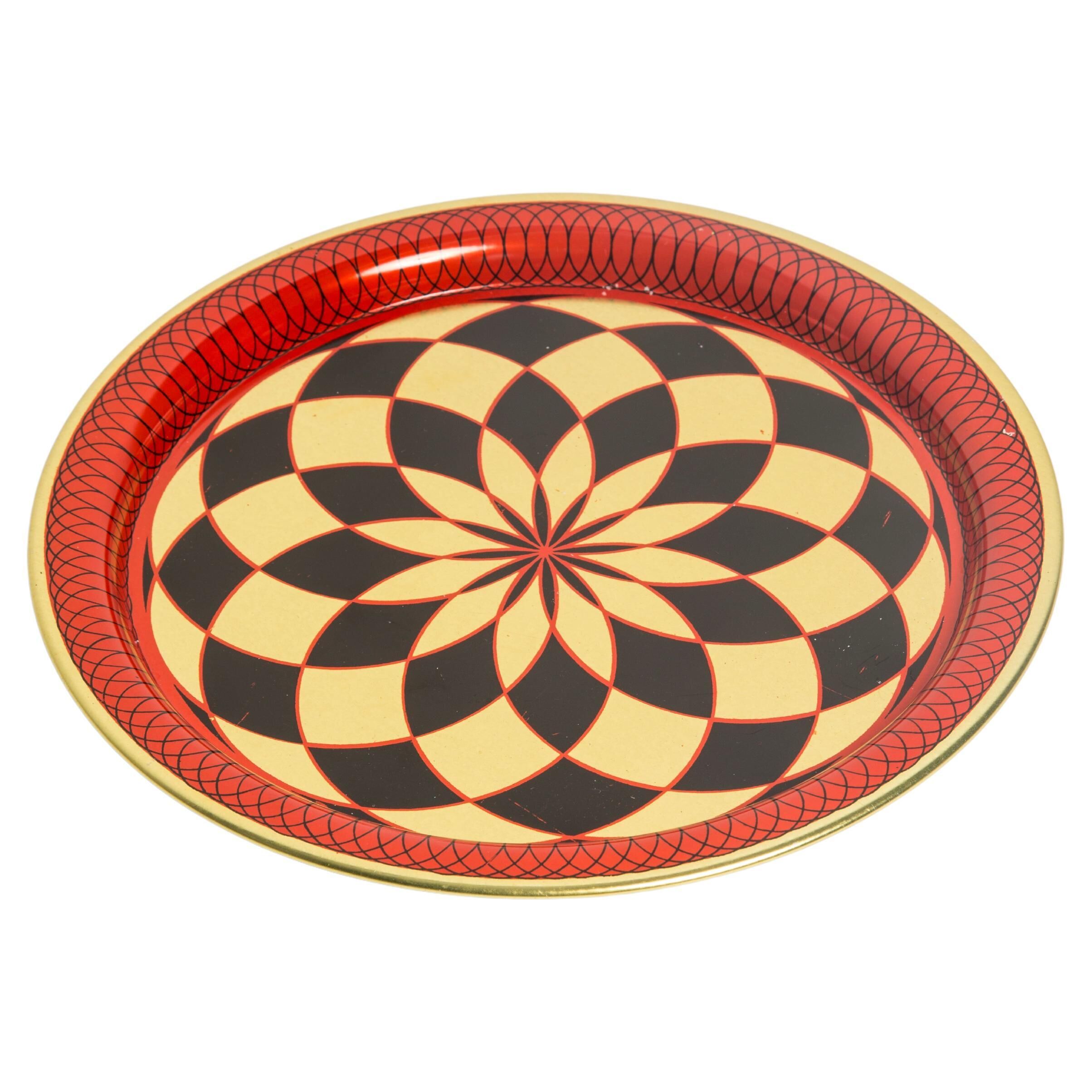 Vintage decorative plate in red, black, and gold metal, Poland, 1960s.