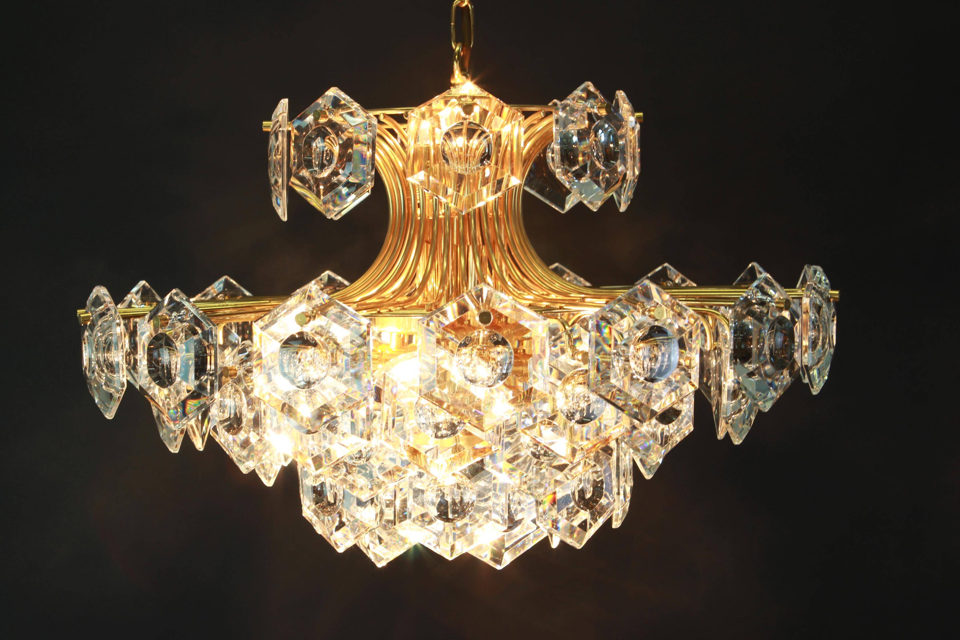 Large gilded brass and crystal chandelier by Kinkeldey, Germany, 1960s.