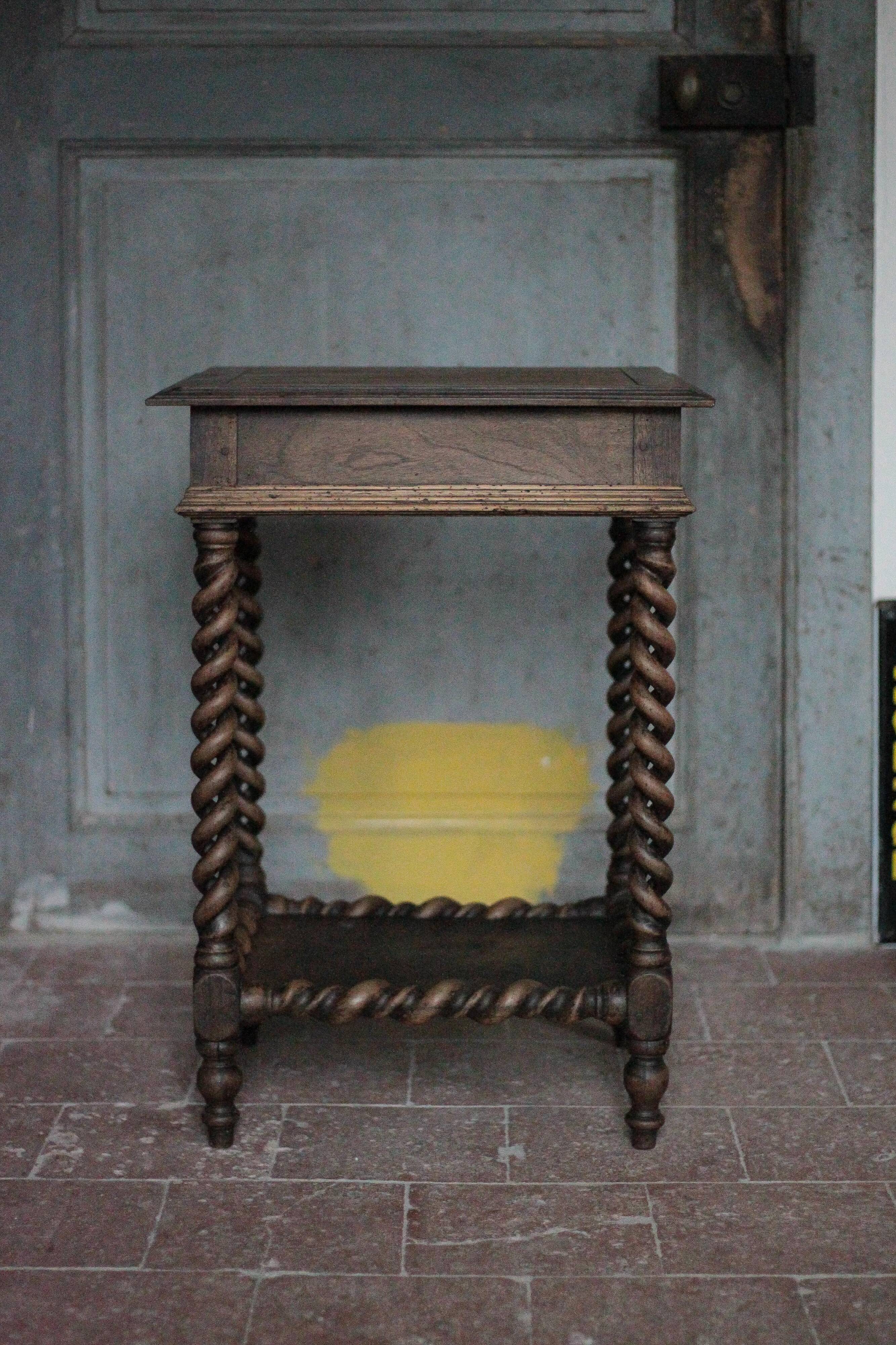 Antique turned wood bedside table with drawer, side table, nightstand