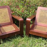 Pair of armchairs in rosewood and canework 1950