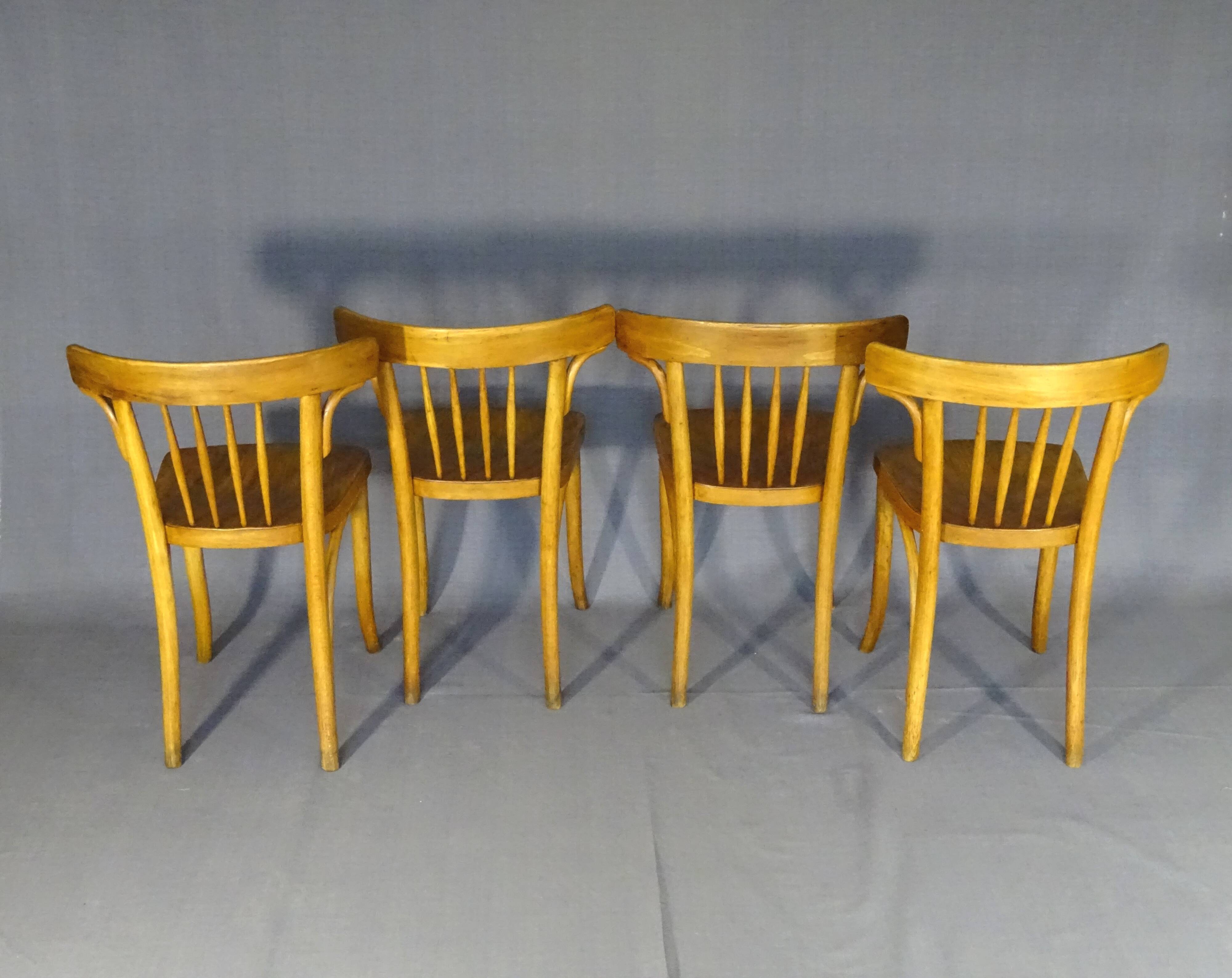 Série de 4 chaises Thonet Art déco bistrot blondes 1930