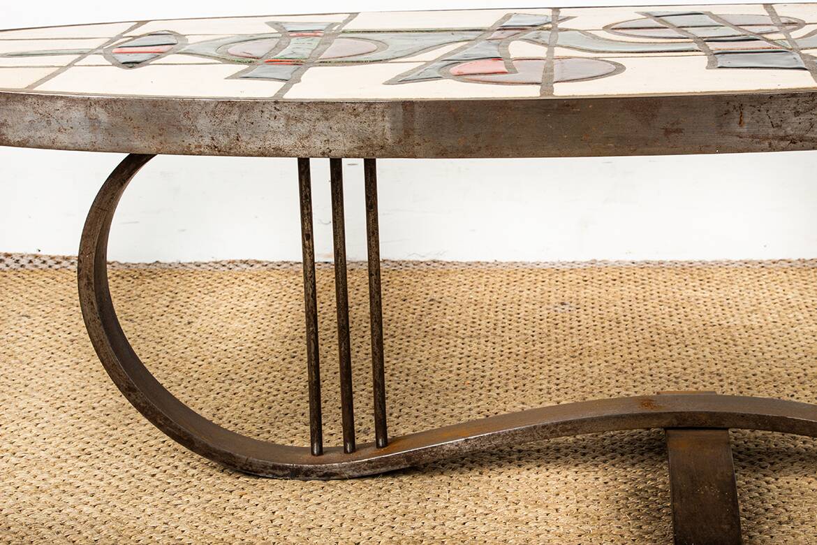 Table basse Française, Acier Chromé et Céramique par Barrois Vallauris 1960