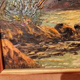 Mediterranean landscape painting by the sea and boats, framed, signed