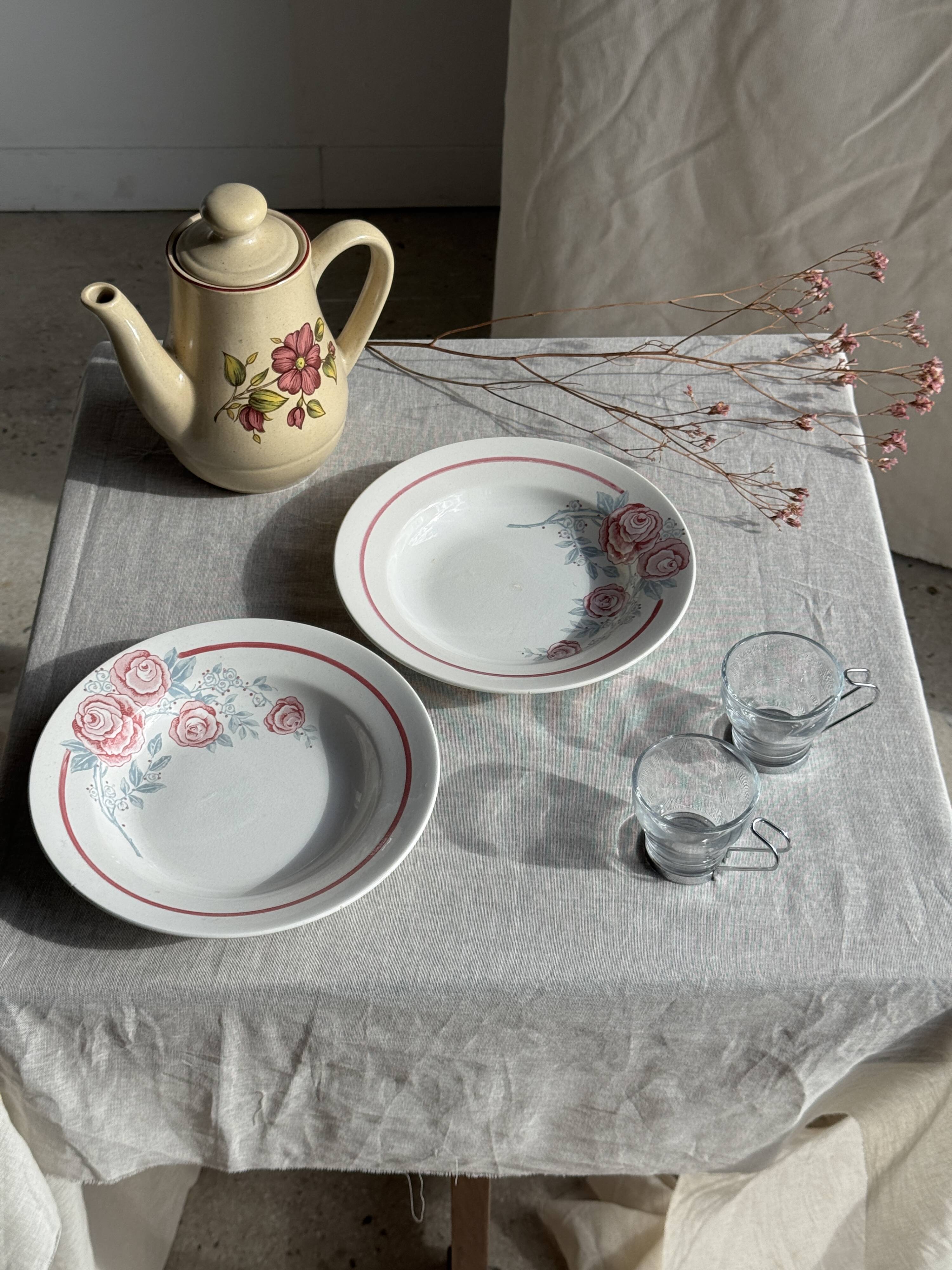 Vintage beige stoneware teapot with pink flower pattern H22