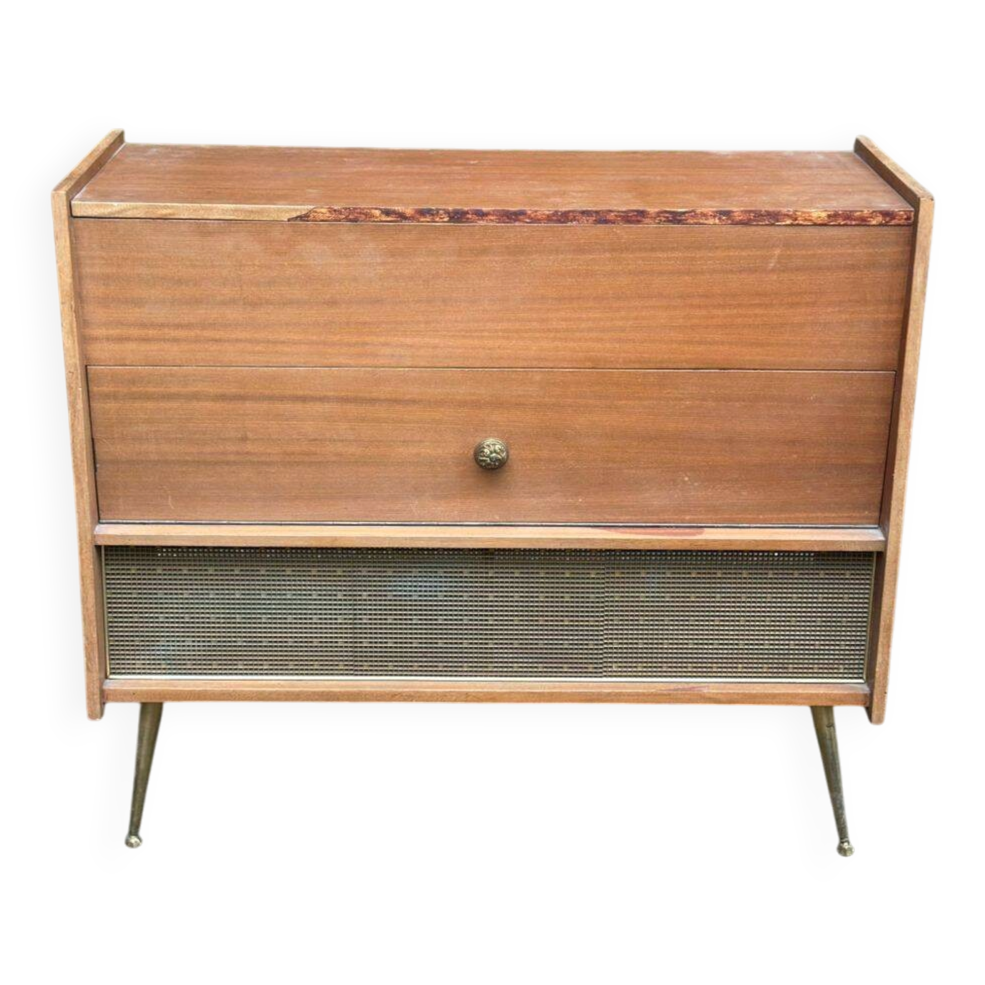 Commode, meuble radio de style scandinave en bois et laiton