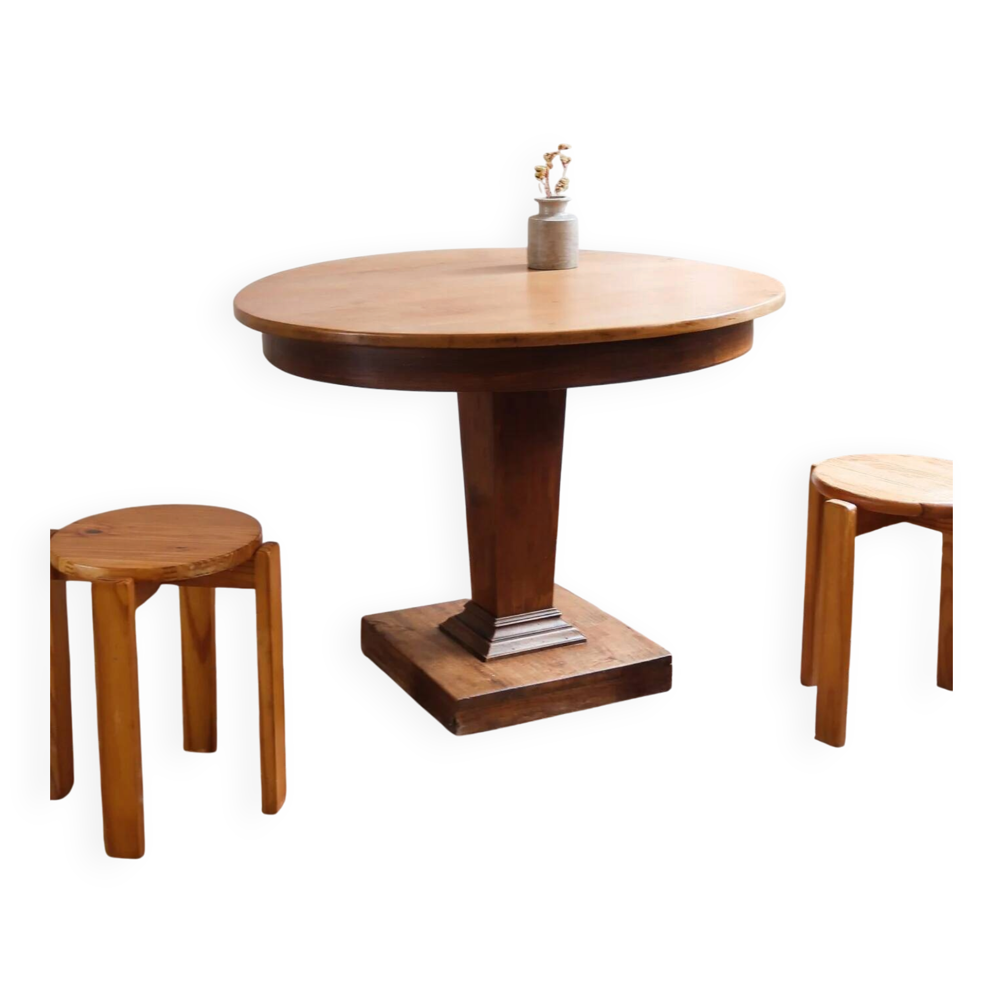 Table ronde en frêne, pied central mouluré, art déco