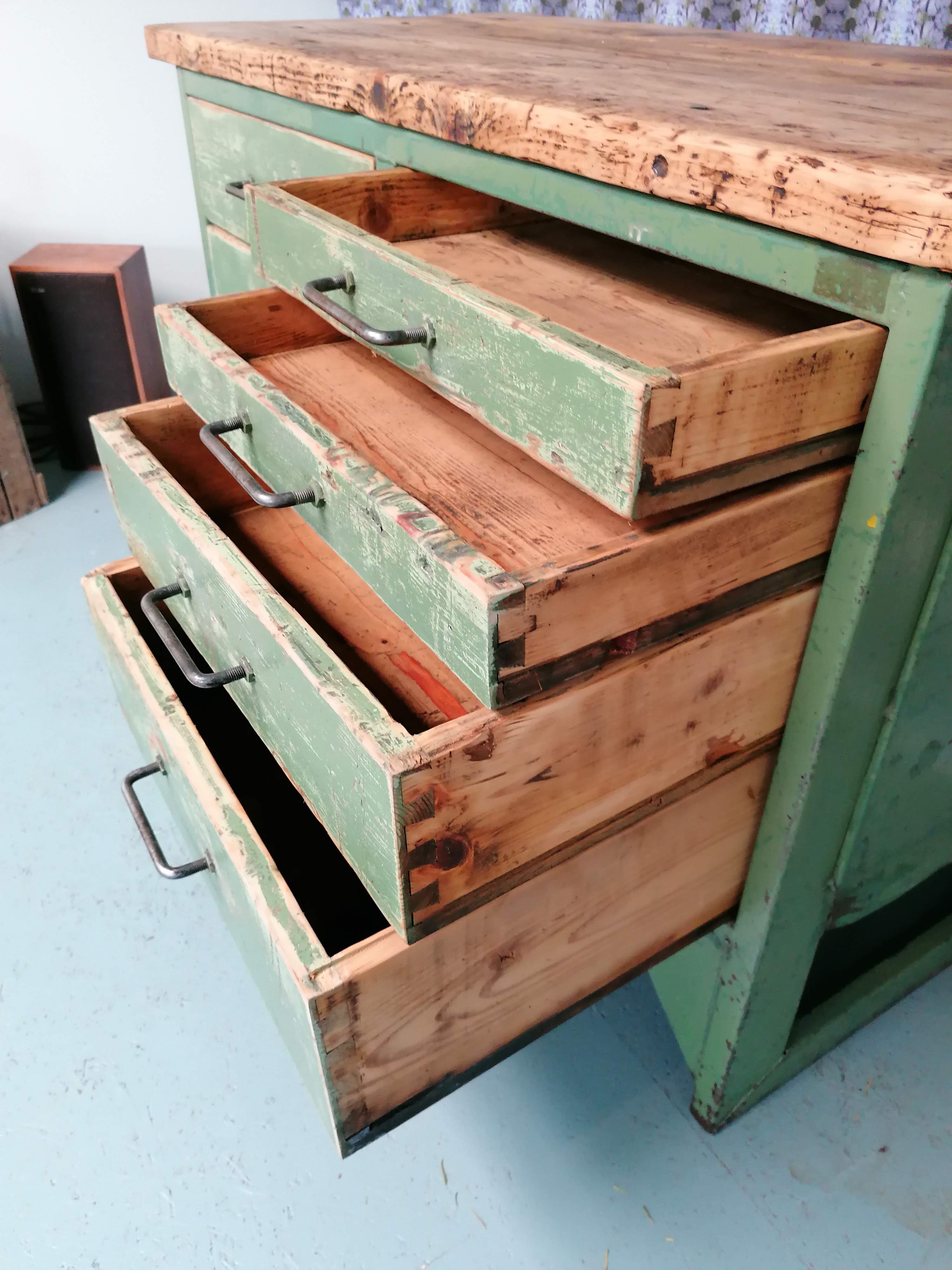 Old wooden garage workbench, industrial vintage.