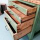 Old wooden garage workbench, industrial vintage.