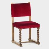 Set of eight oak barley twist dining chairs in red velvet, 19th century