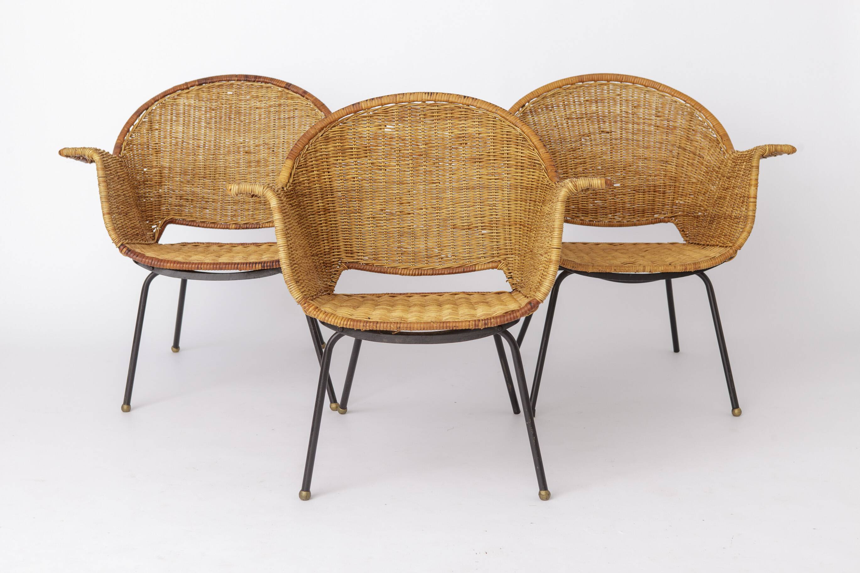 Chaises en osier vintage par Gianfranco Legler années 1950 | Ensemble de 3 en rotin suisse
