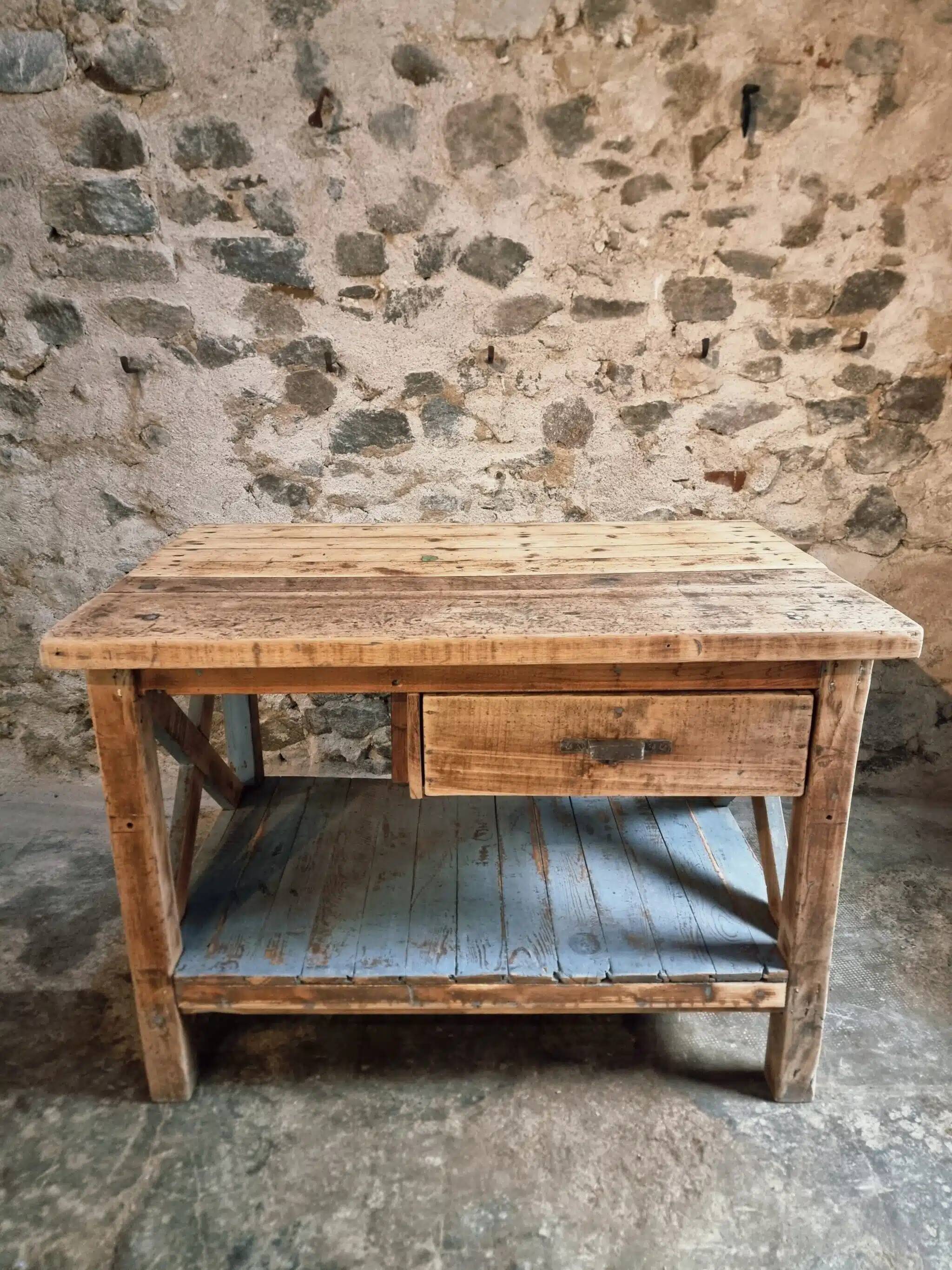 Vintage French industrial workbench – 1920s/1930s oak and pine table with drawer