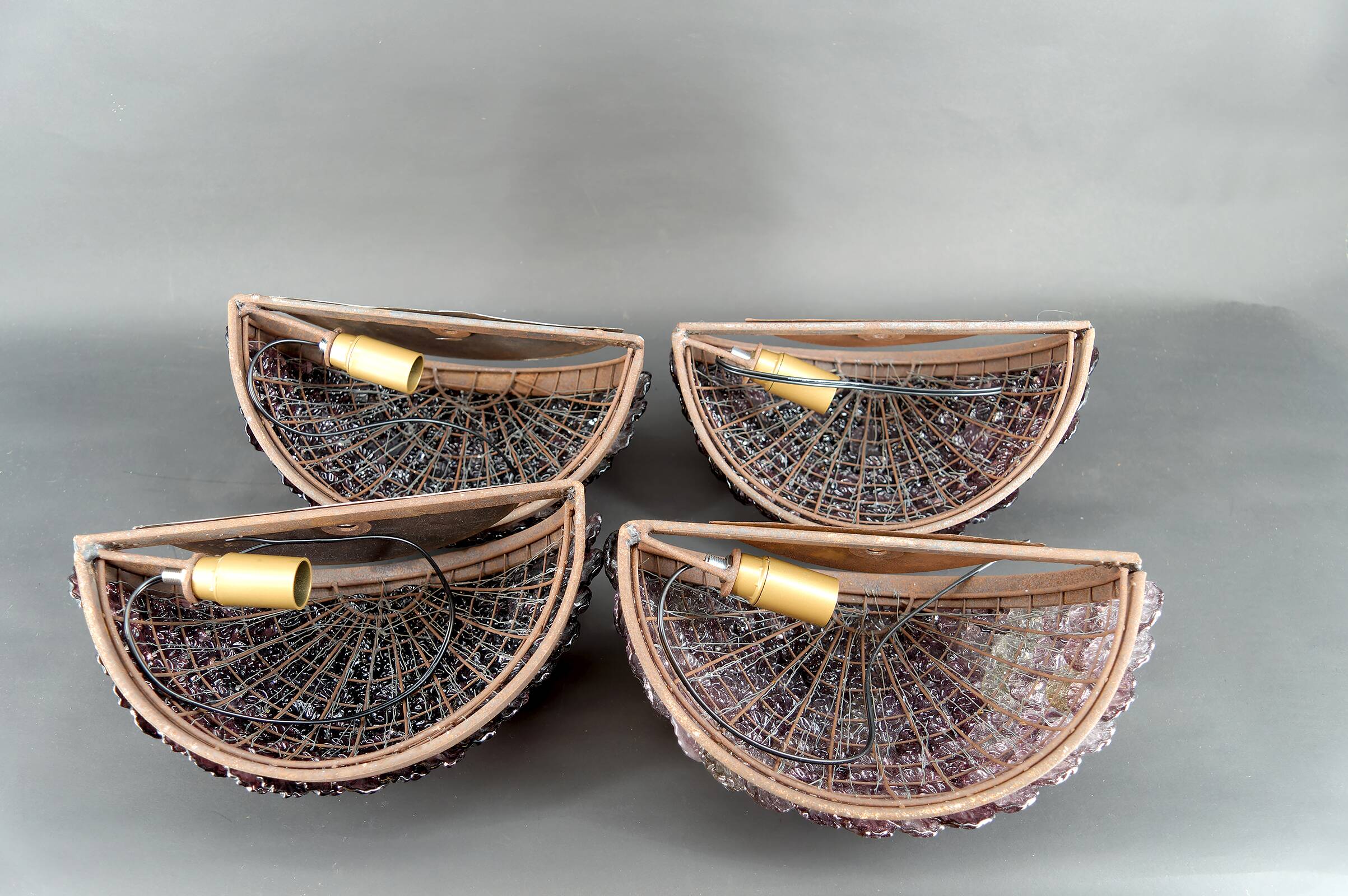 4 Wrought Iron Wall Lights with Flowers and Glass Beads, Murano, Italy, 1930