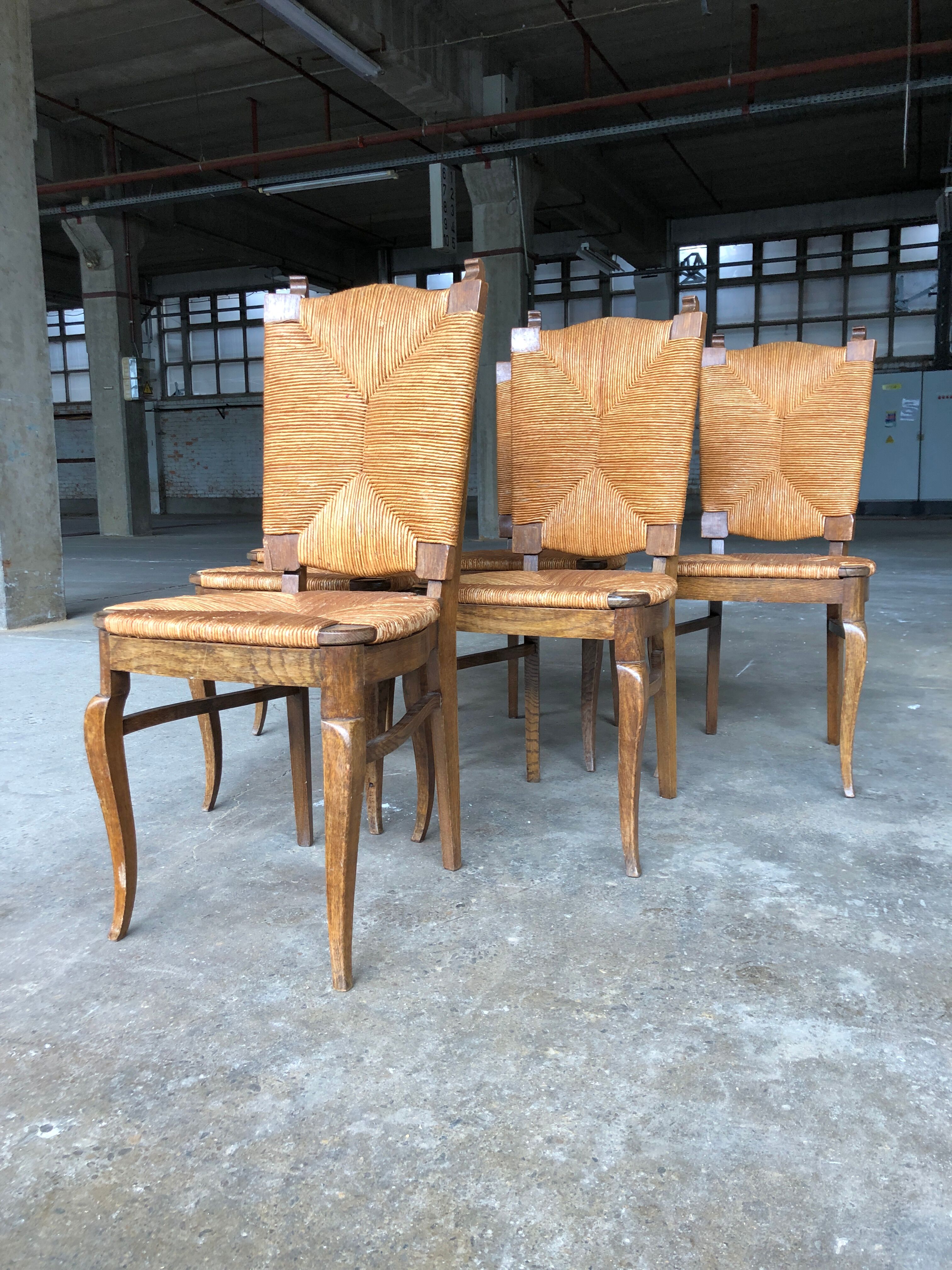 Dining chairs with rush made of oak wood, France 1950s, Set of 6