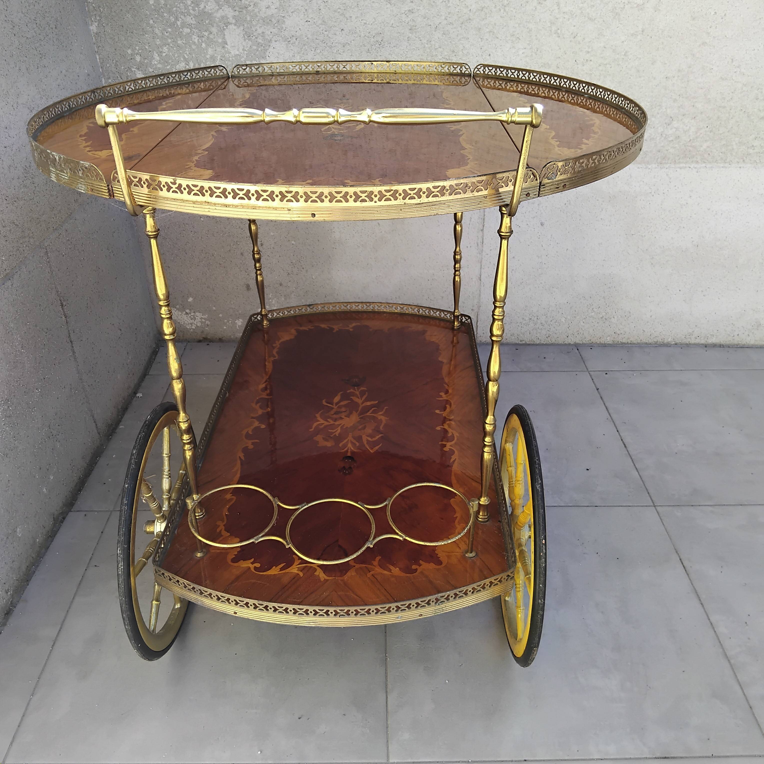 1950s marquetry and brass serving trolley