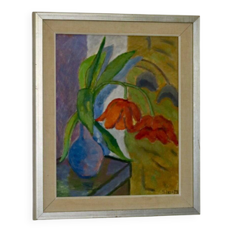 Swedish Mid- Century Original Oil on Canvas Painting "Vase" by SIA 1972