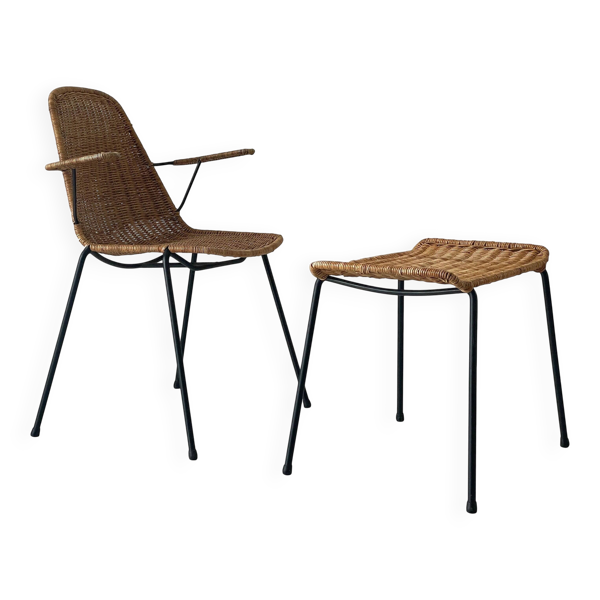 Fauteuil et repose-pieds en osier, Allemagne, années 1960