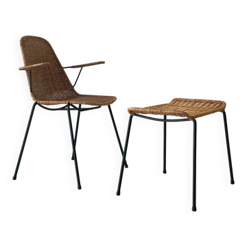Wicker armchair and footrest, Germany, 1960s