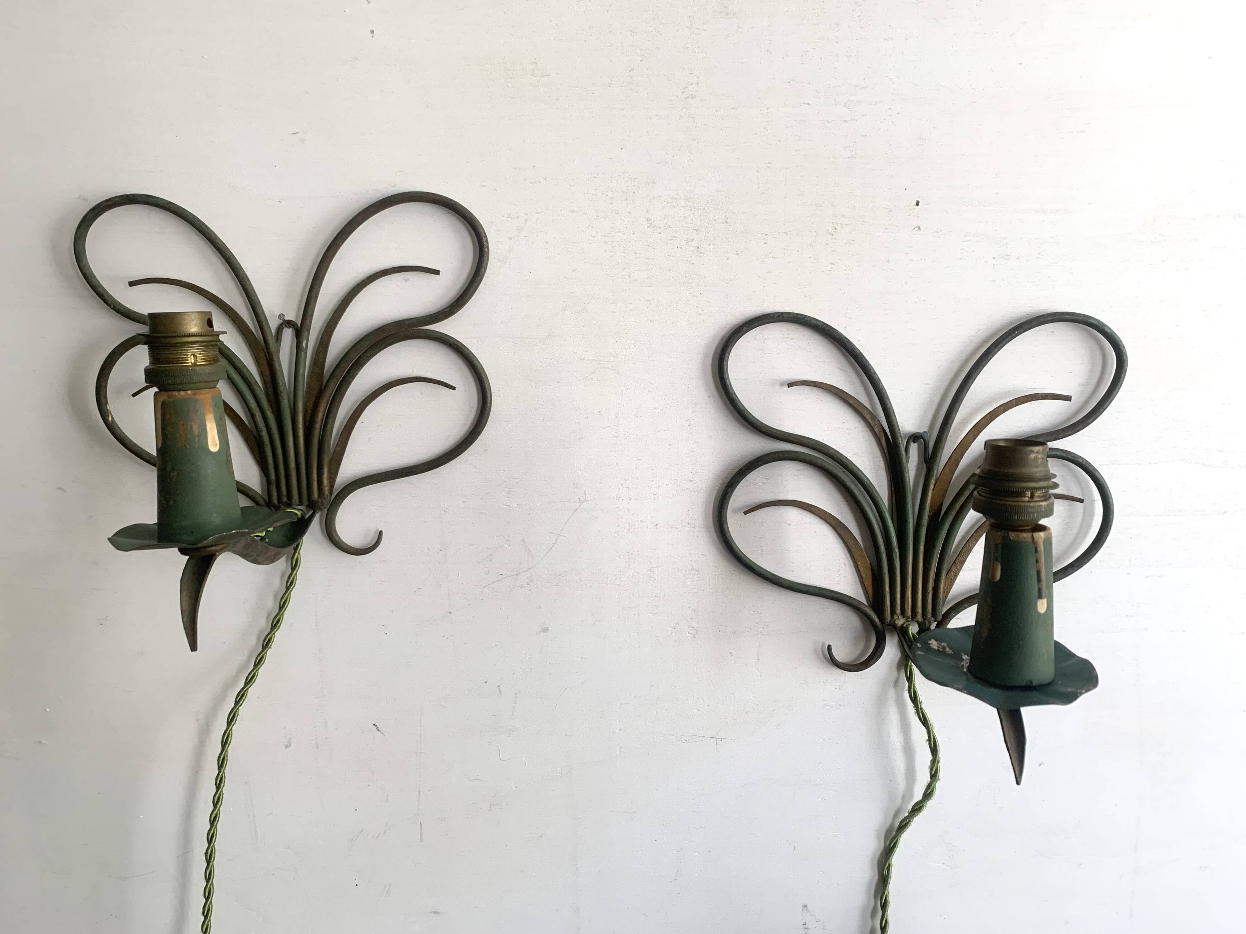 Pair of wall lights in patinated green painted iron, 1950s