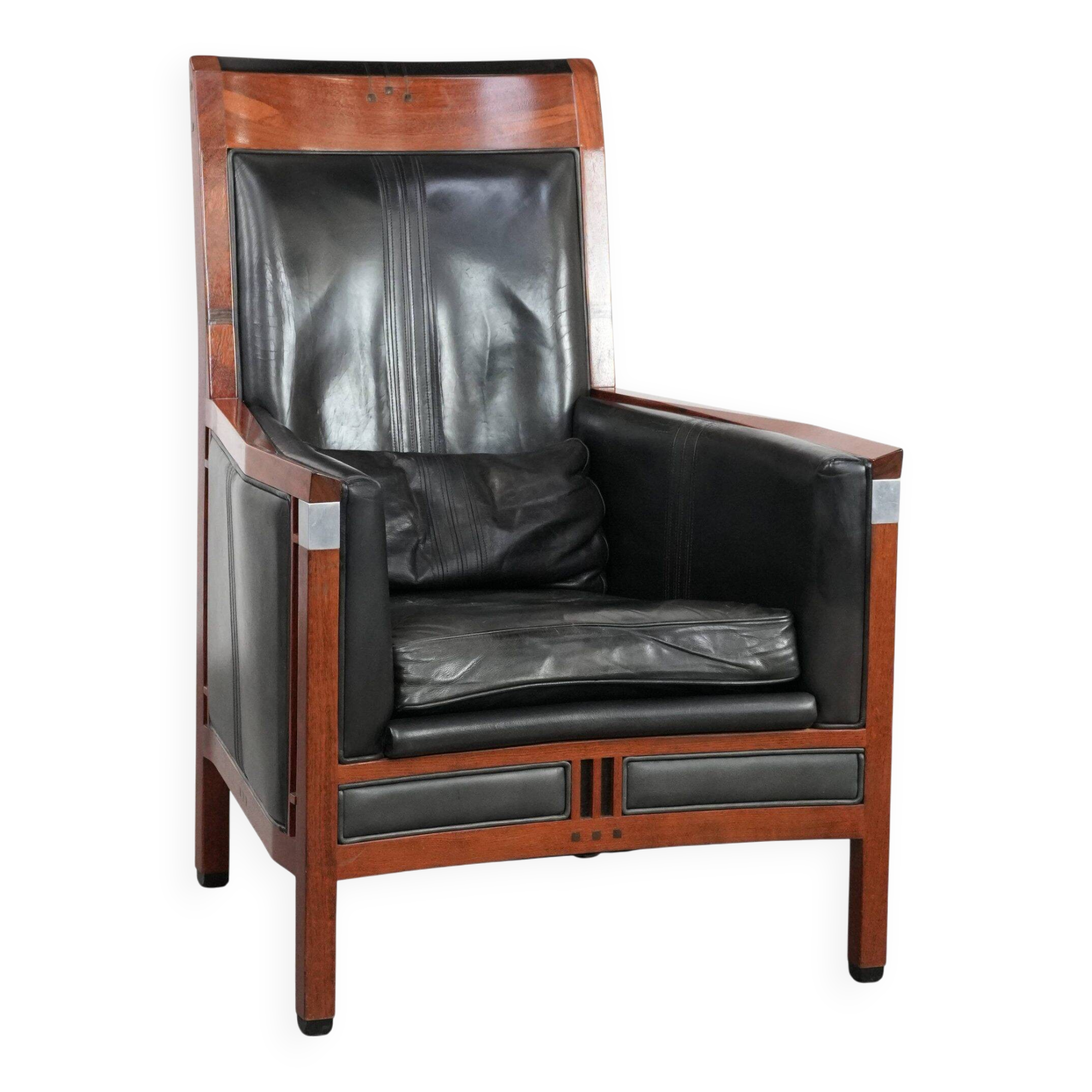 Black cowhide leather and wooden Art Deco design armchair