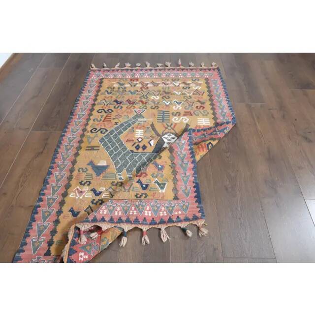Shahmaran Motif Vintage Turkish Handmade Orange Kilim Rug  94x146